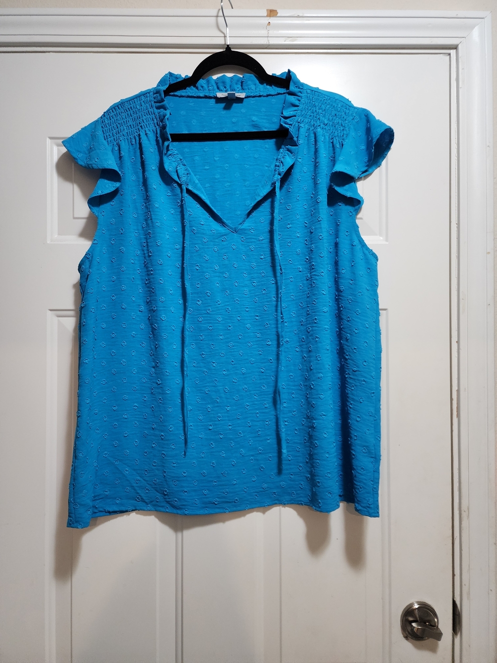 Crown & Ivy Turquoise Blue Swiss Dot Flutter Sleeve Shirt Blouse Size XL